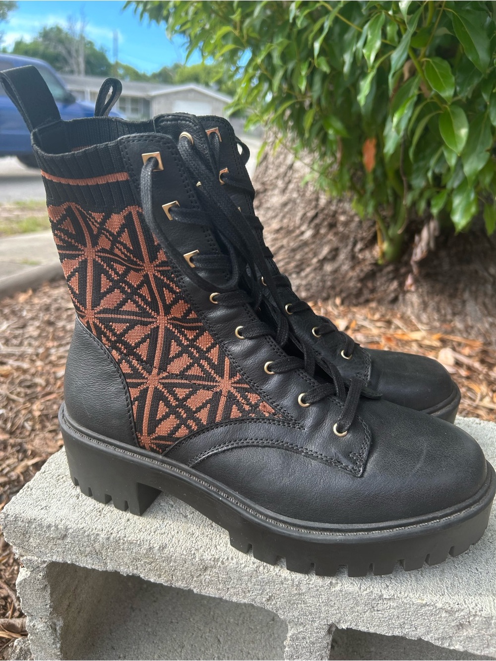 Antonio Melani Dempsayy Knit Sock Combat Boots Black Brown Size 8.5 M